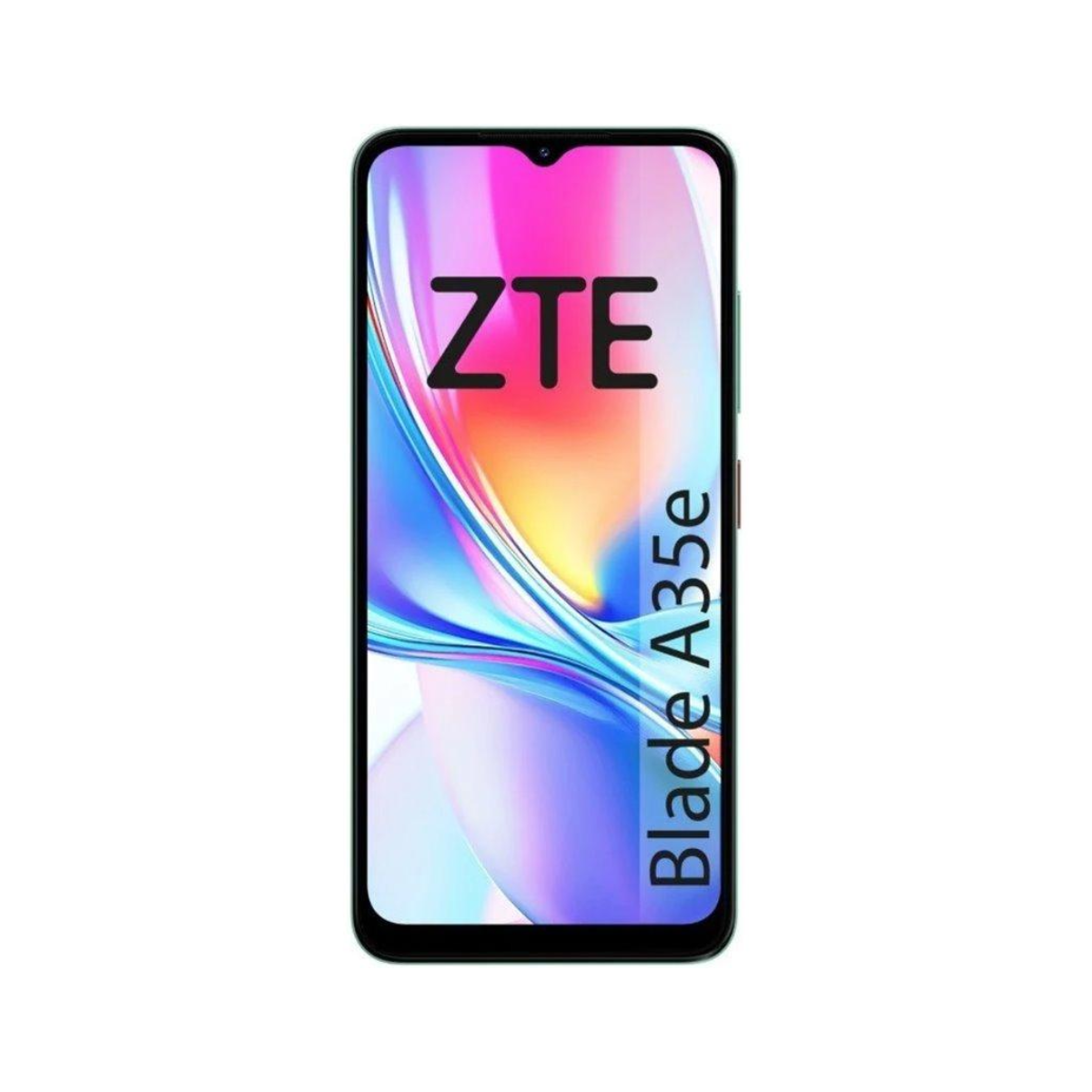Ekran smartfona wyświetlający logo ZTE i nazwę modelu Blade A35e. Tło przedstawia kolorowy, abstrakcyjny wzór.