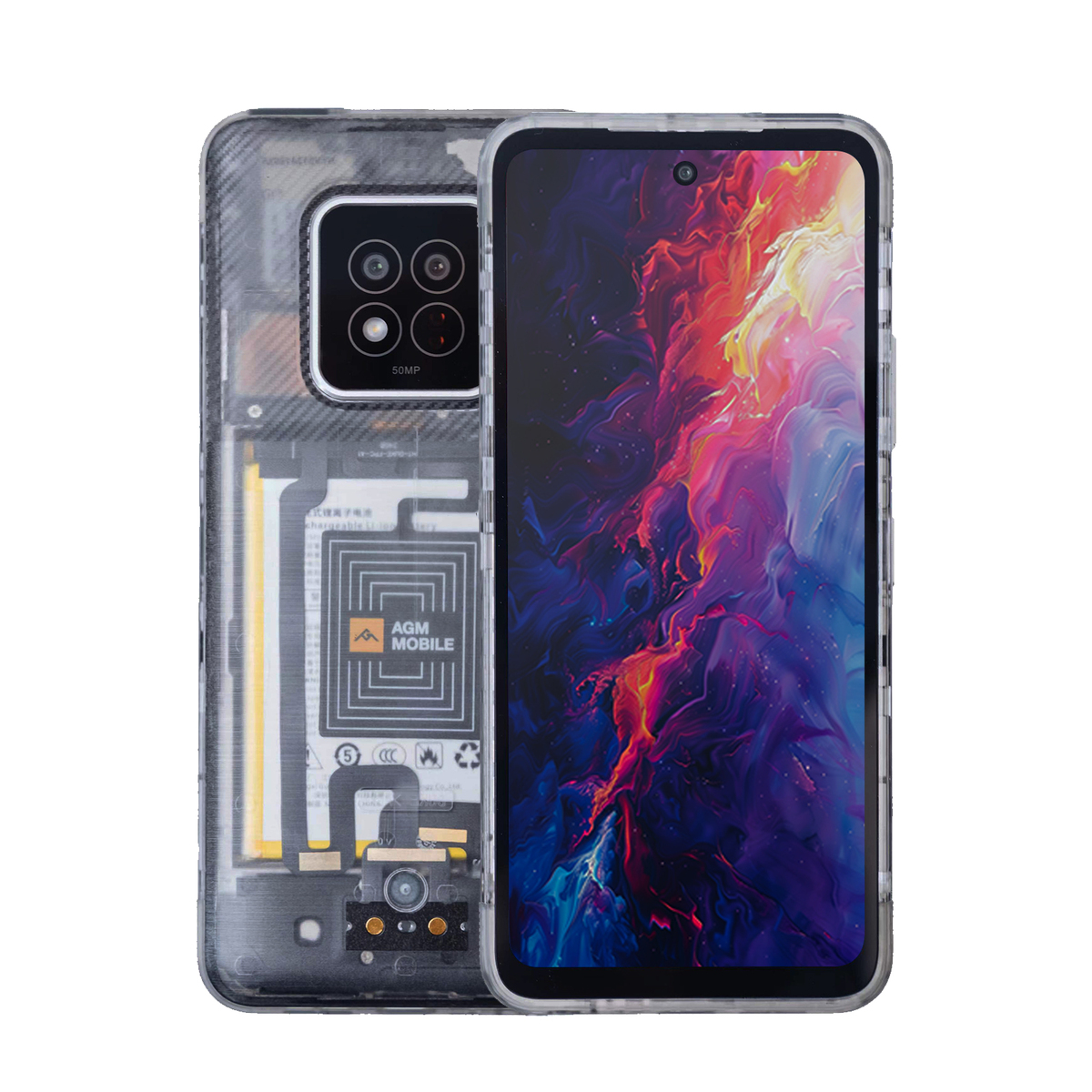 Due smartphone, uno che mostra i componenti interni e l'altro con un display astratto colorato, entrambi racchiusi in custodie trasparenti.