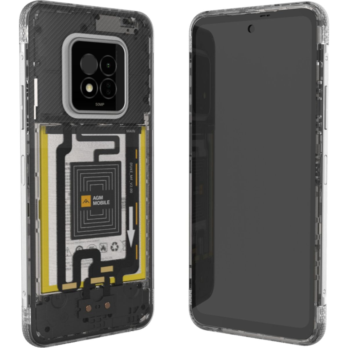 Componenti del telefono, batteria, fotocamera e circuito stampato visibili all'interno di una custodia trasparente. Un secondo telefono a destra.