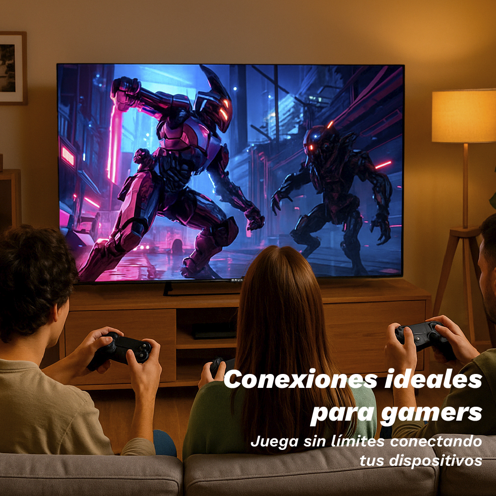 Tres personas jugando en un televisor grande. La pantalla muestra robots futuristas. Texto: Conexiones ideales para gamers.