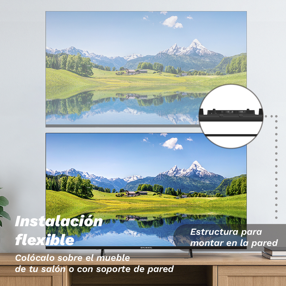 Un televisor se encuentra sobre un mueble de madera, con un paisaje montañoso. El texto dice instalación flexible y estructura para montar en la pared.