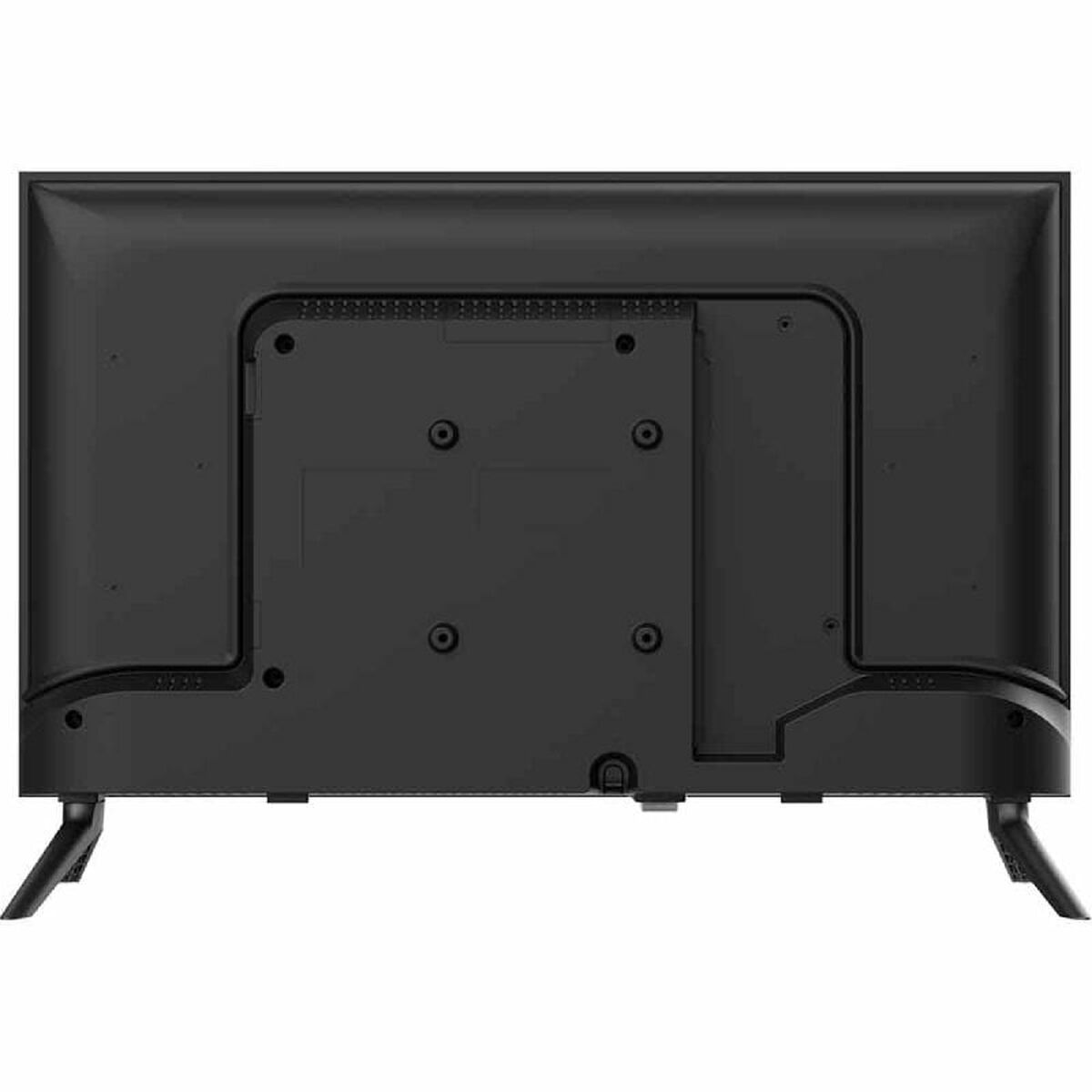 Vista trasera de un televisor negro. Se ven puntos de montaje, puertos y patas. La superficie es mate y el diseño es sencillo.