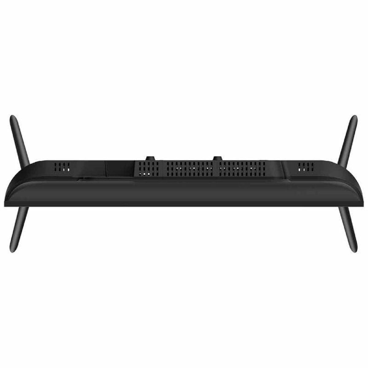Un televisor negro desde arriba, con dos patas que sostienen la pantalla. La parte superior tiene orificios de ventilación y pequeñas ranuras.