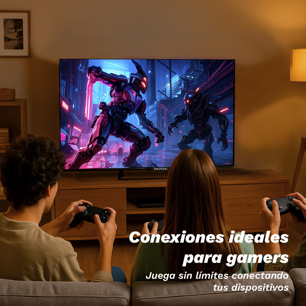Dos personas juegan videojuegos en un televisor grande. La pantalla muestra una escena de batalla futurista. Texto: Conexiones ideales para gamers.