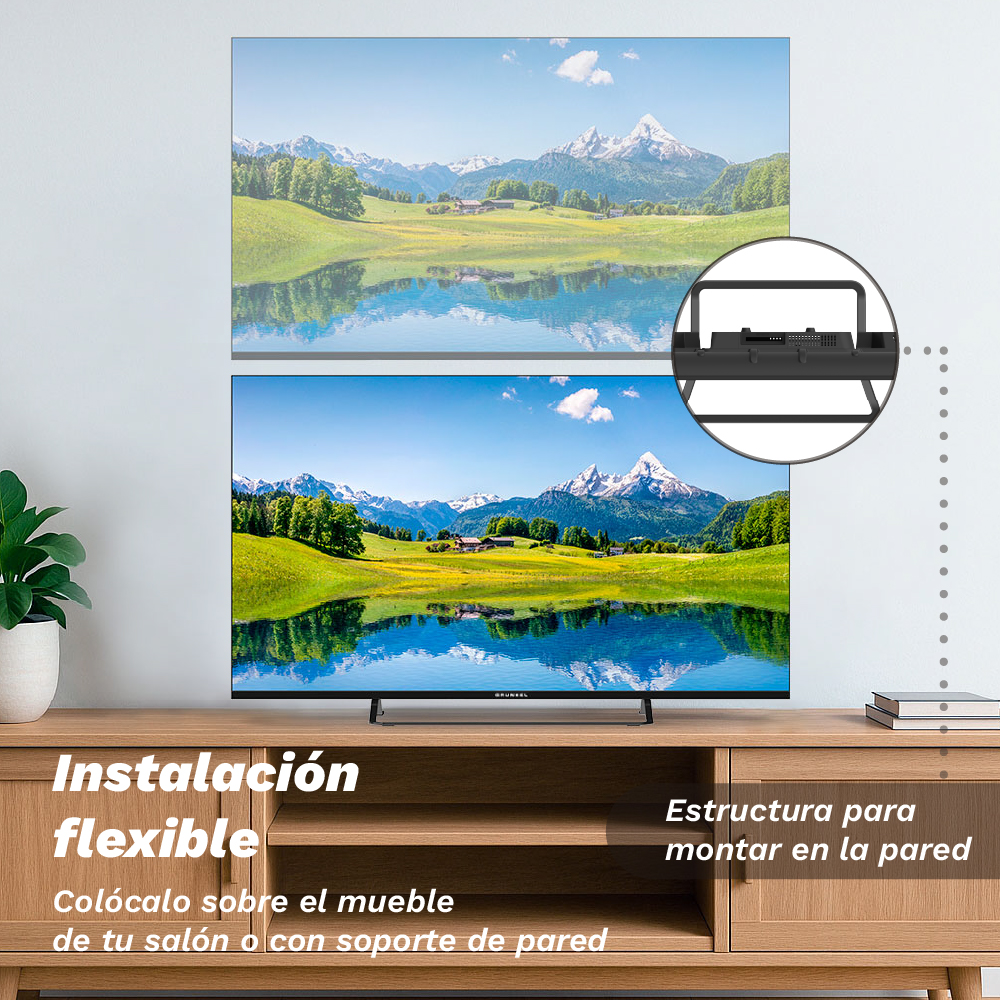 Un televisor en un soporte de madera muestra un paisaje. El texto dice 'instalación flexible', con opciones para muebles o montaje en pared.
