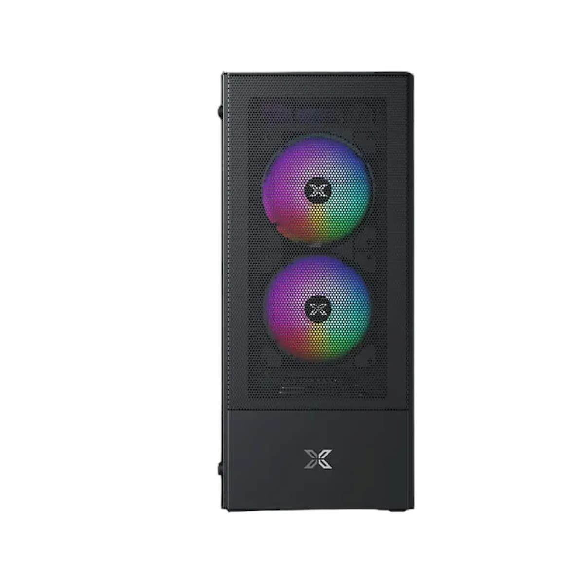 Carcasa de computadora negra con frontal de malla. Dos ventiladores iluminados con colores arcoíris. La caja tiene un logo.