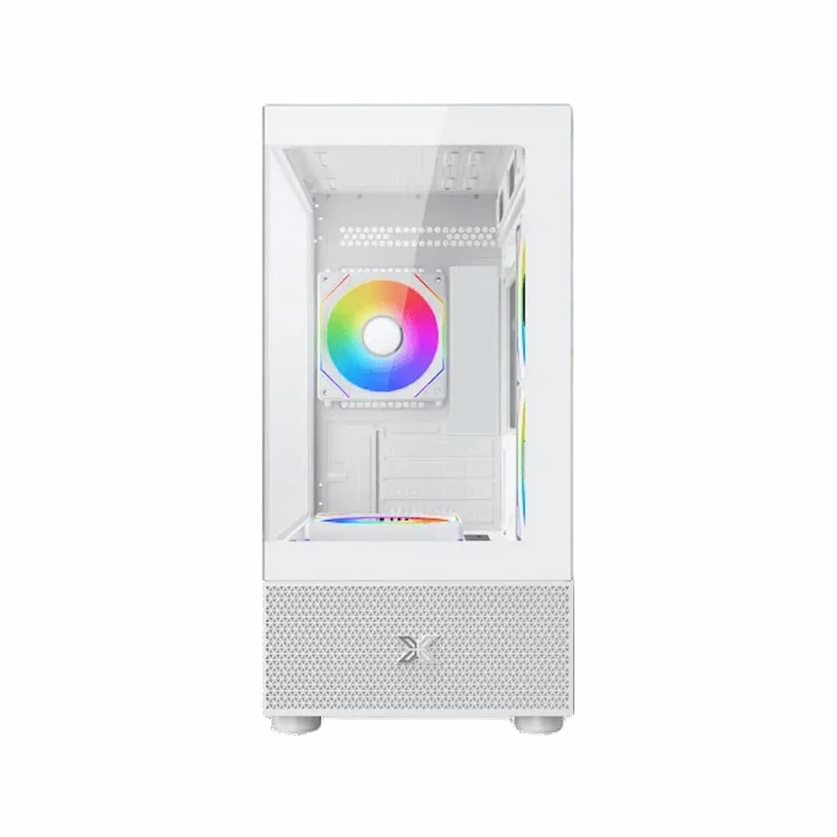 Carcasa de computadora blanca con panel lateral de vidrio. En el interior, se ve un ventilador arcoíris y luces LED.