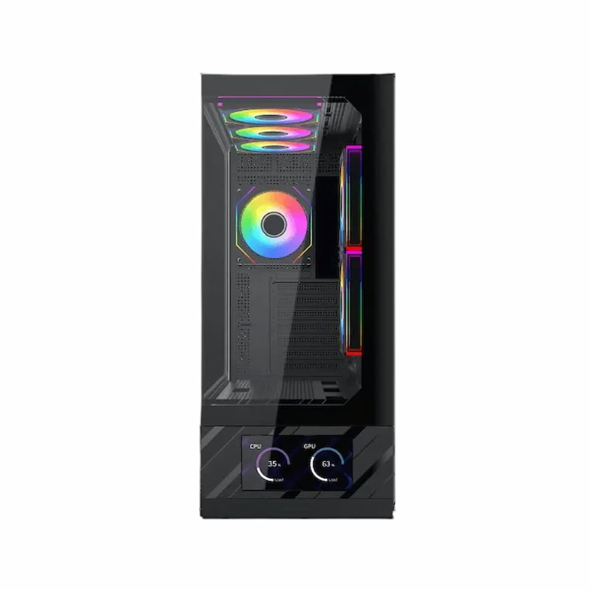 Case per computer nero con pannello in vetro. All'interno ci sono ventole e luci colorate. Il fondo mostra il carico di CPU e GPU.