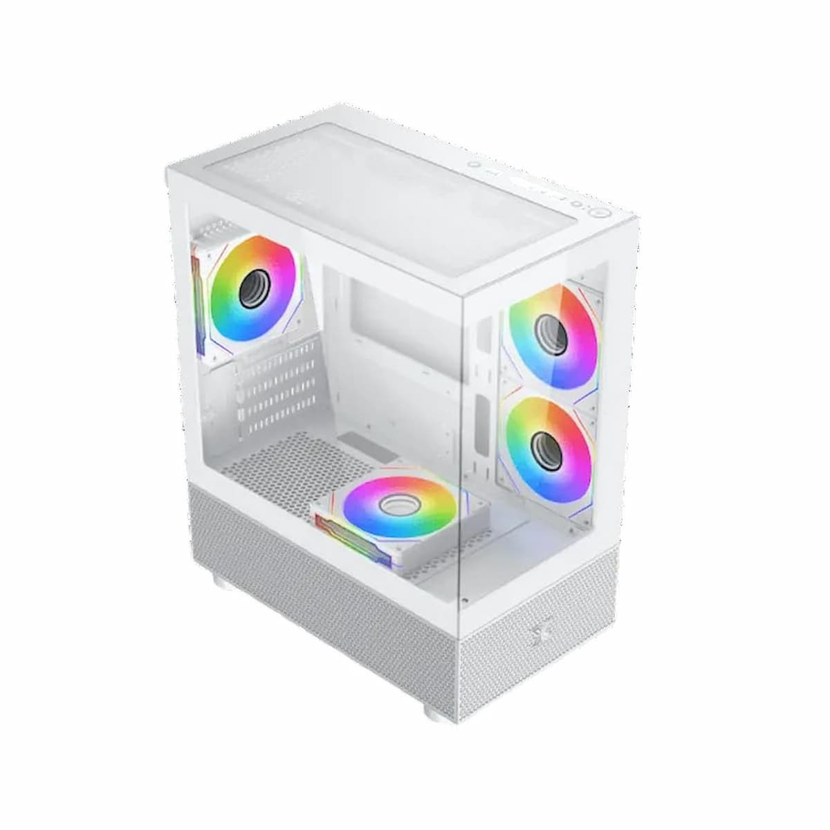 Una caja de computadora blanca con paneles de vidrio, que muestra ventiladores LED coloridos. La caja está abierta, revelando componentes internos y una base de malla.