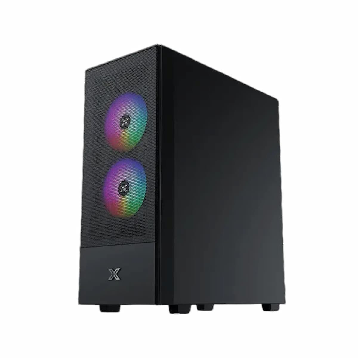 Una carcasa de computadora negra con dos ventiladores circulares brillantes y multicolores en el panel frontal y el logotipo 'X' en la parte inferior.