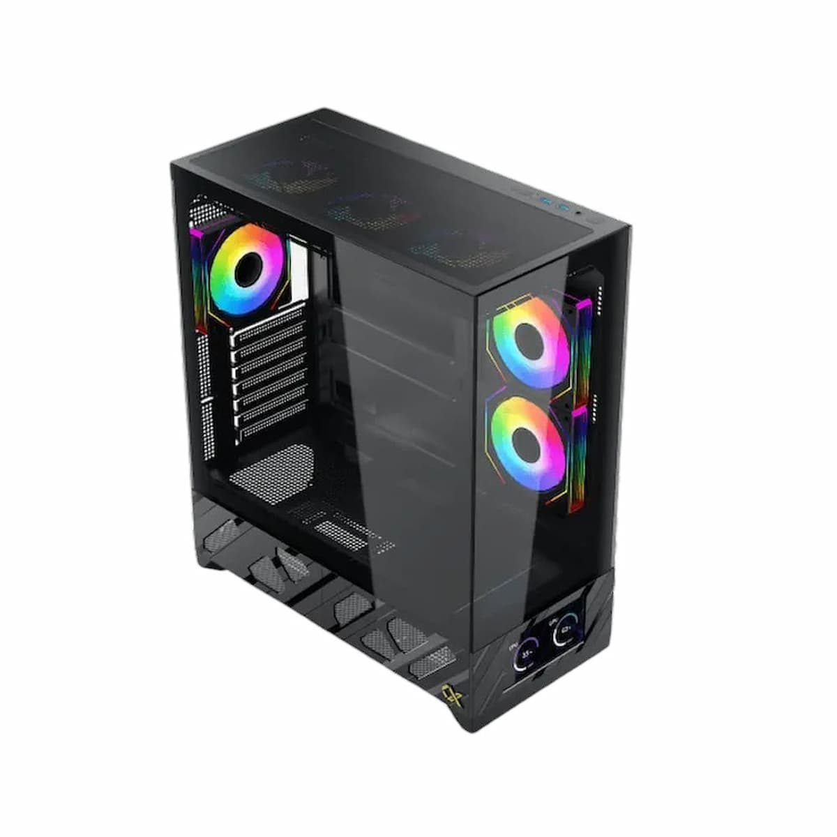 Un case per computer nero con pannello laterale in vetro e ventole color arcobaleno. Il case è angolato verso lo spettatore.