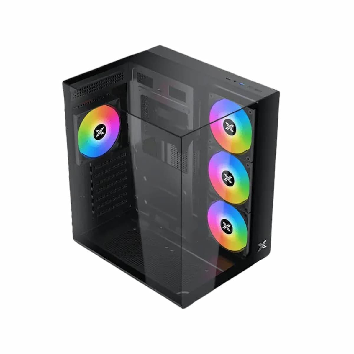 Una caja de ordenador con panel de cristal, tres ventiladores coloridos en la parte delantera y uno en el lateral. Los ventiladores muestran arcoíris.