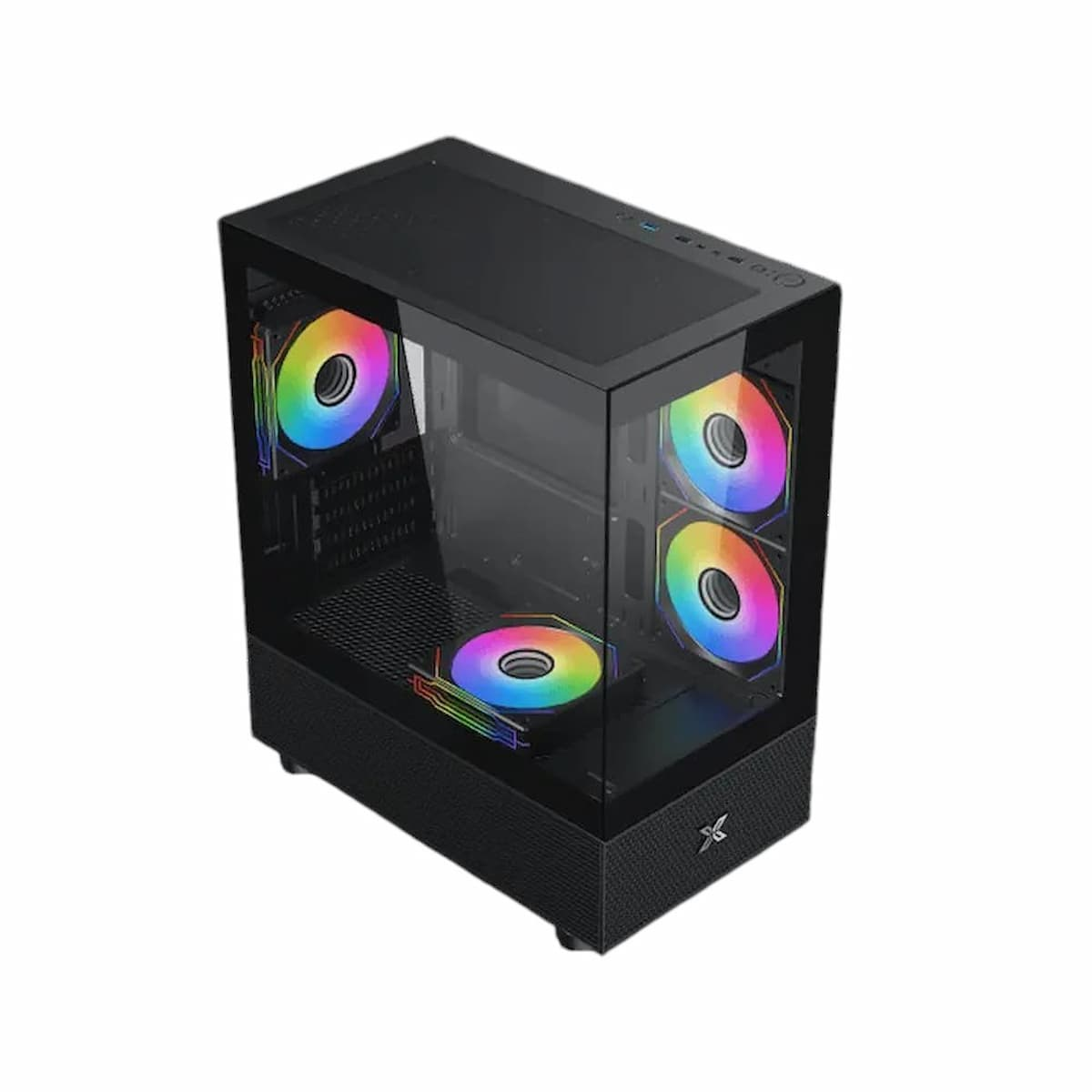 Carcasa de PC negra con panel lateral de cristal. Tiene tres ventiladores LED coloridos, con un logotipo abajo a la derecha.