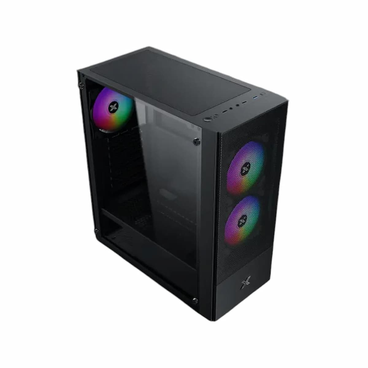 Una caja de ordenador negra con un panel lateral de vidrio. Cuenta con ventiladores coloridos y un frente de malla. La caja está sobre fondo blanco.