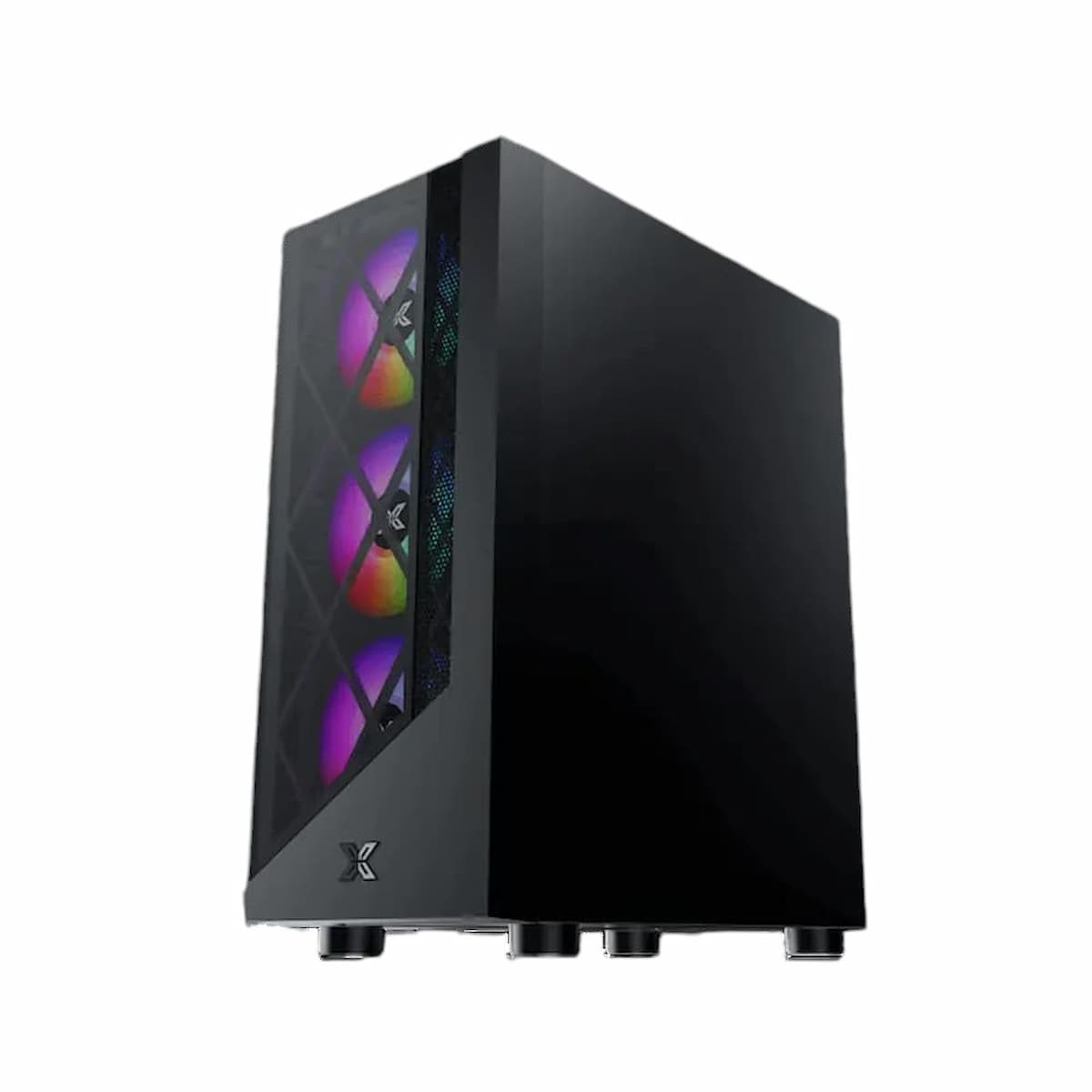 Carcasa de ordenador negra con panel lateral transparente, mostrando ventiladores coloridos. La carcasa tiene un logotipo y se apoya en patas cortas.