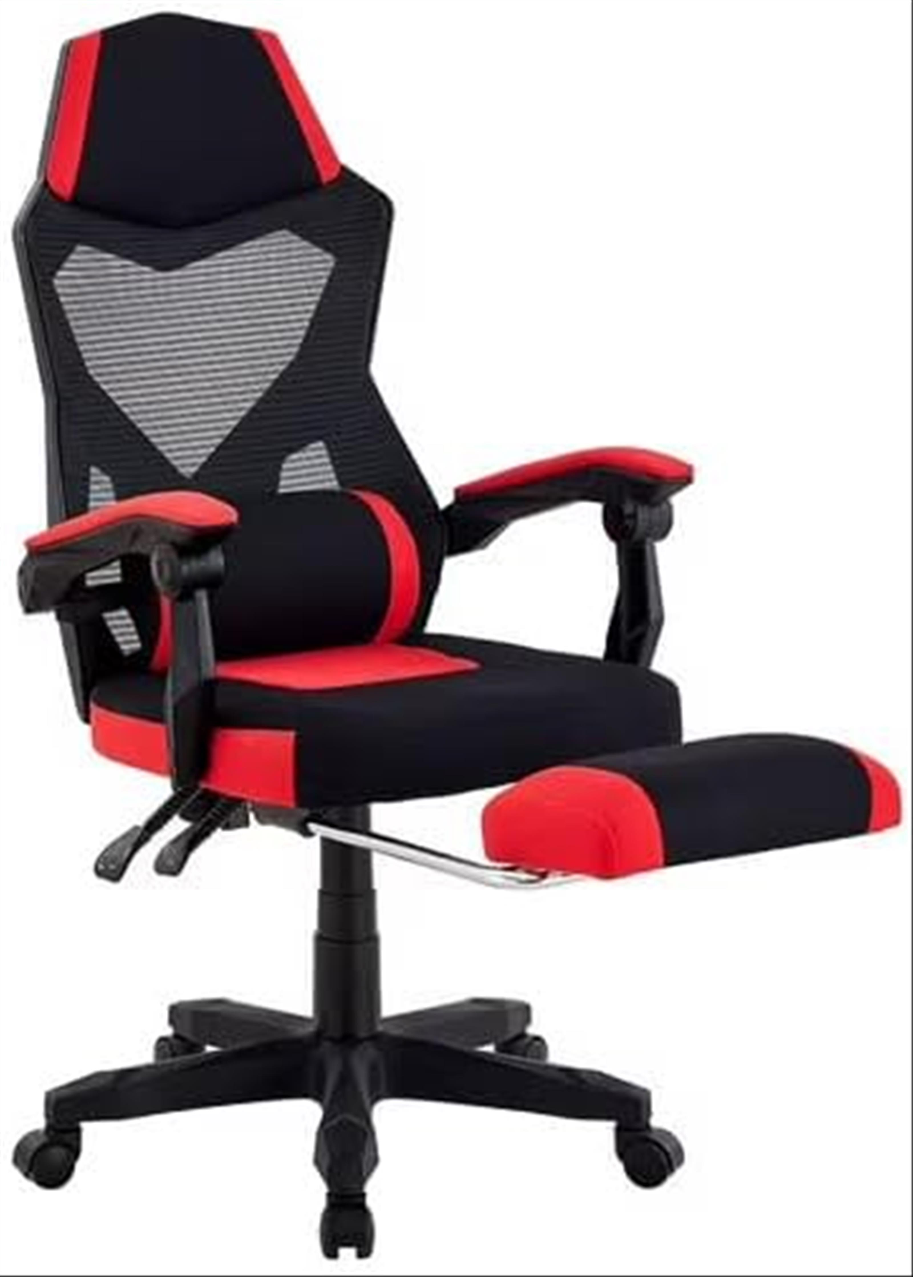 Una silla gaming negra y roja con reposabrazos, reposapiés y base de cinco estrellas con ruedas.
