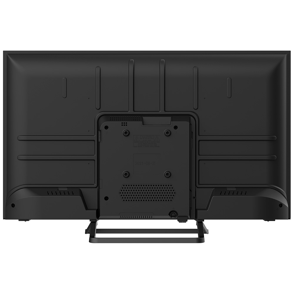 Vista trasera de un televisor de pantalla plana negro. Muestra soportes, ventilación y un soporte. La superficie tiene patrones rectangulares y cuadrados.