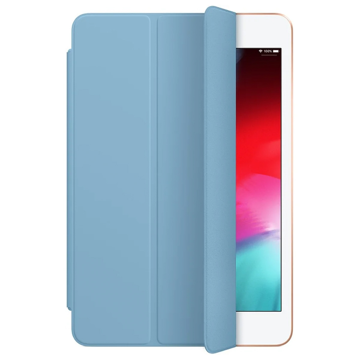 Eine hellblaue iPad-Hülle, die teilweise geöffnet ist und den Bildschirm des Tablets mit roten und weißen Farben zeigt.