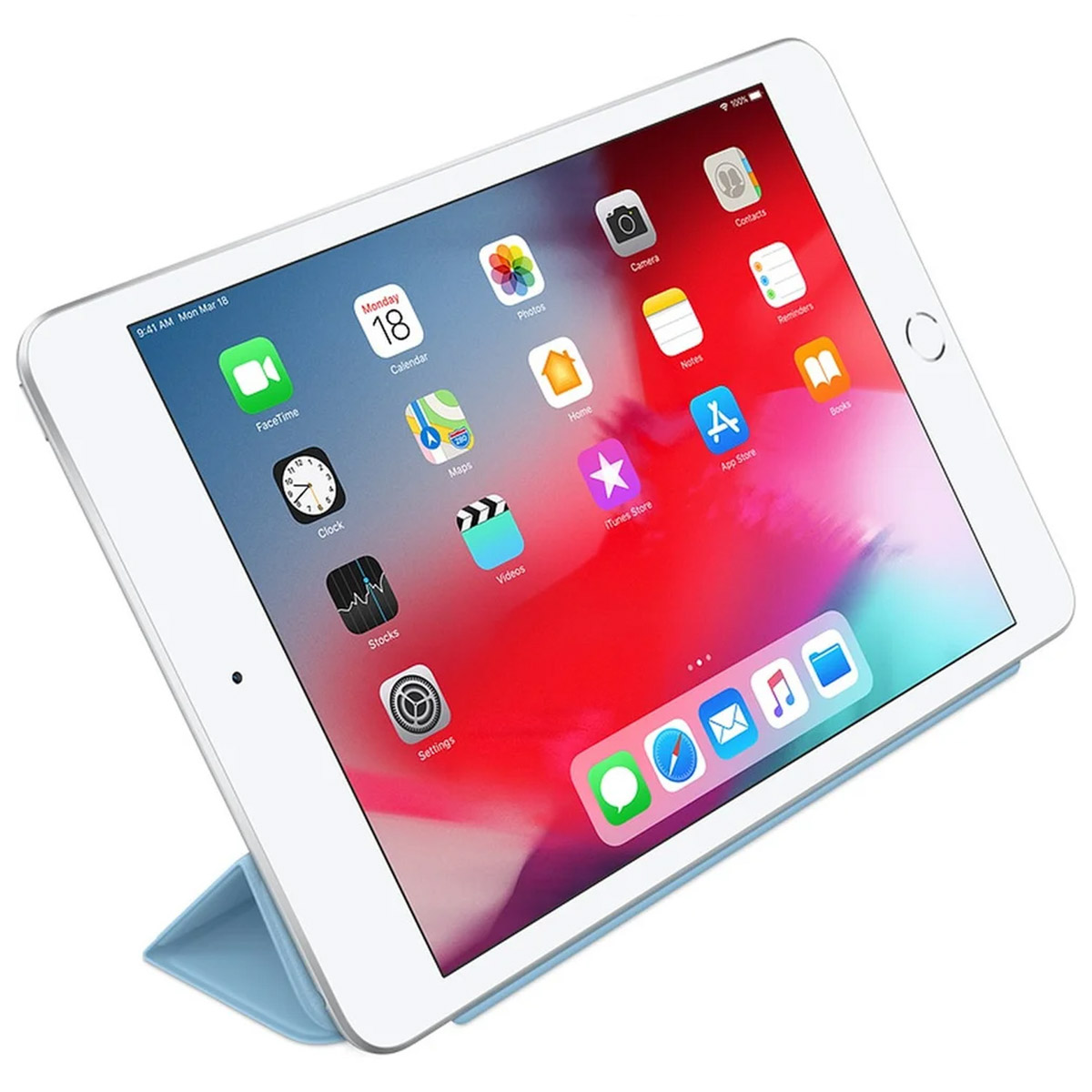 Ein iPad mit hellblauer Hülle, das App-Symbole auf dem Bildschirm anzeigt. Der Bildschirm zeigt den 18. März, Montag.