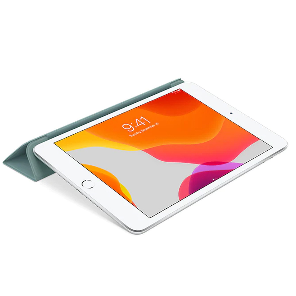 Een Apple iPad in een hoesje. Het scherm toont de tijd, 9:41, met een oranje en grijze achtergrond. De hoes is blauwgroen.