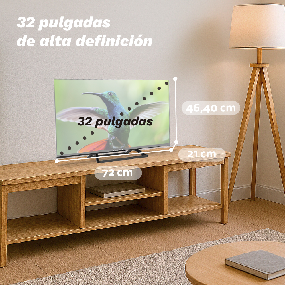 Un televisor de 32 pulgadas muestra una imagen de colibrí. Está sobre un soporte de madera. También se ve una lámpara y una mesa.