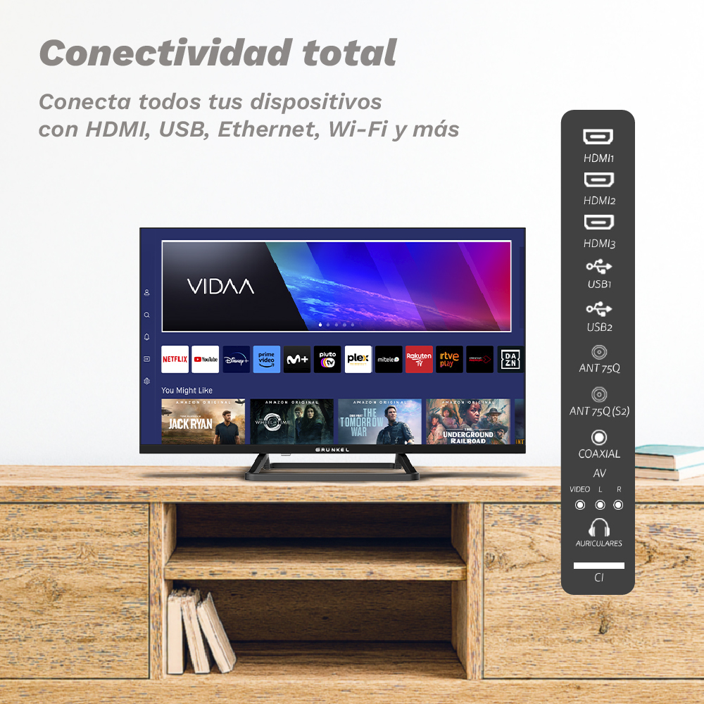 Un televisor muestra aplicaciones de transmisión. Está sobre un mueble de madera. Arriba pone 'Conectividad total'.