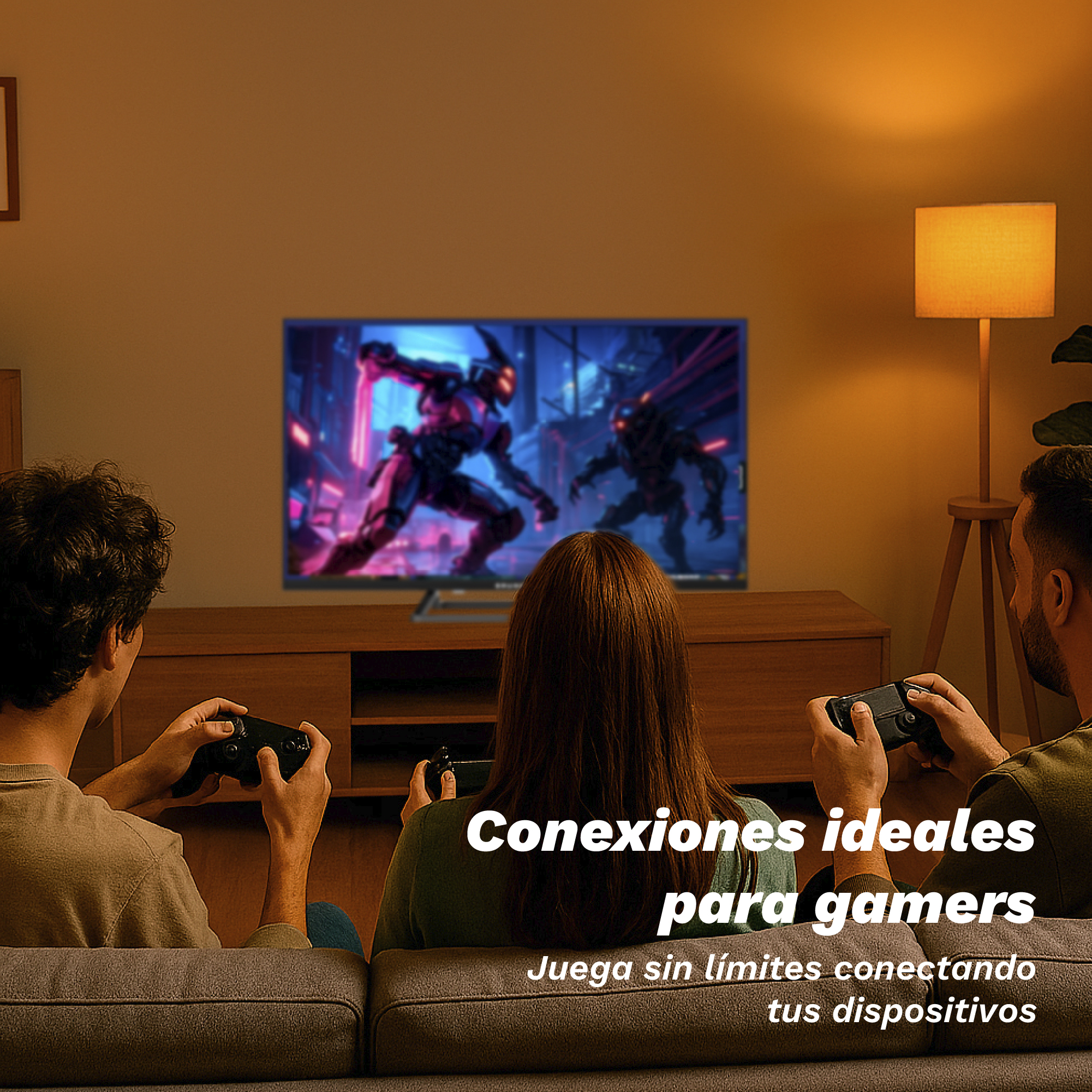 Tres personas jugando videojuegos en TV. Dos personas con mandos. Texto: 'conexiones ideales para gamers'.
