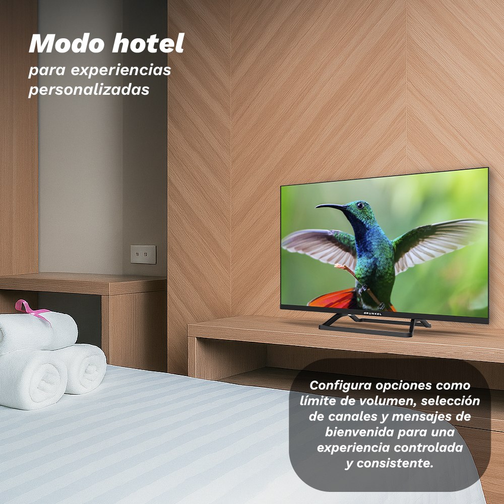 Habitación de hotel con TV mostrando un colibrí. Texto dice 'Modo hotel' y 'Configurar opciones como límite de volumen'.