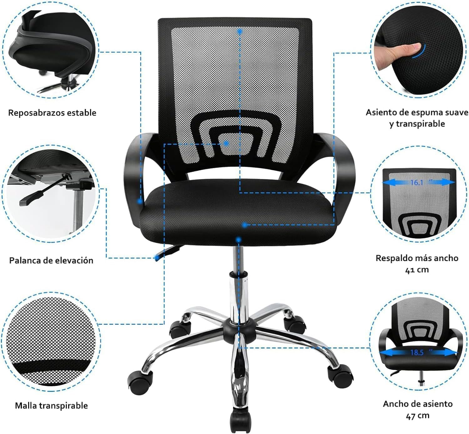 Silla de oficina negra con respaldo de malla, apoyabrazos y base de cinco ruedas. Tiene un asiento de espuma suave. Etiquetas muestran medidas.