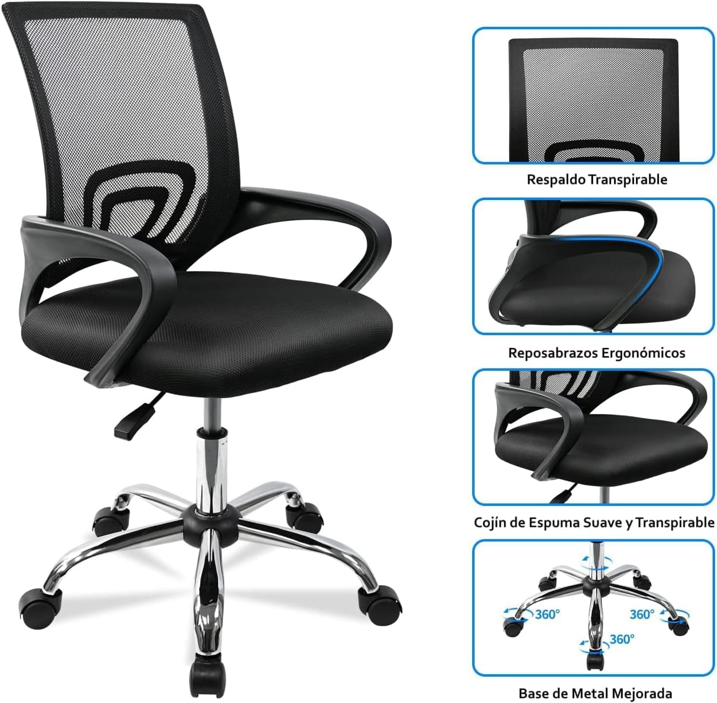 Silla de oficina negra con respaldo de malla, reposabrazos ergonómicos y cojín suave y transpirable. Tiene una base metálica con ruedas.