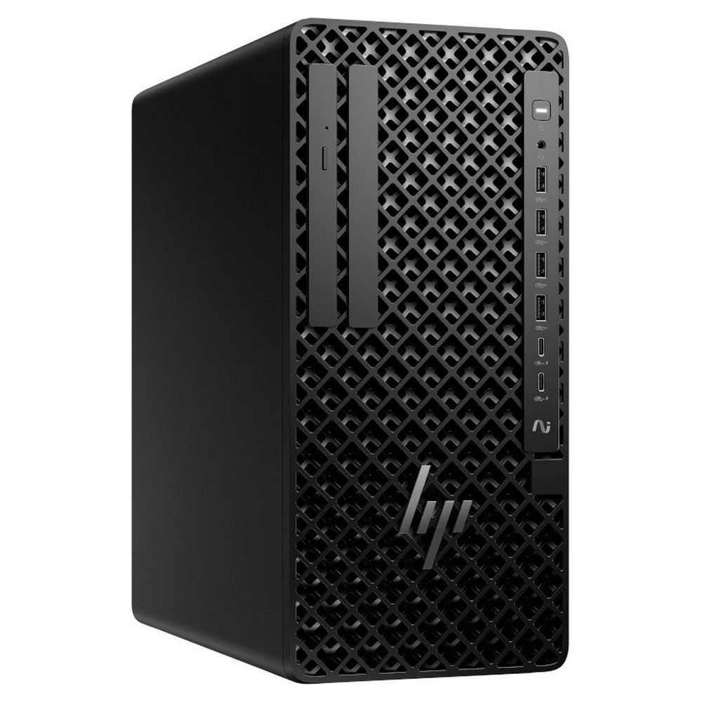 Een zwarte HP desktopcomputer. De voorkant heeft een patroon van gaas, poorten en het HP-logo.