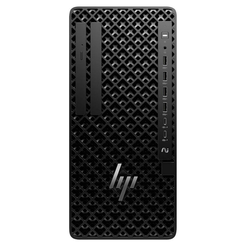 Zwarte HP desktopcomputer met geometrisch ontwerp op de voorkant, poorten en het HP-logo.