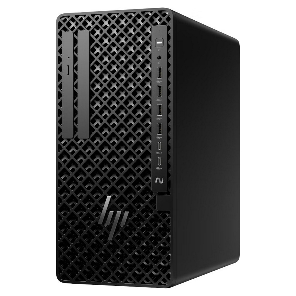 Een zwarte HP desktopcomputer. Het heeft een patroon op het voorpaneel en het HP-logo. USB-poorten zijn zichtbaar aan de voorkant.