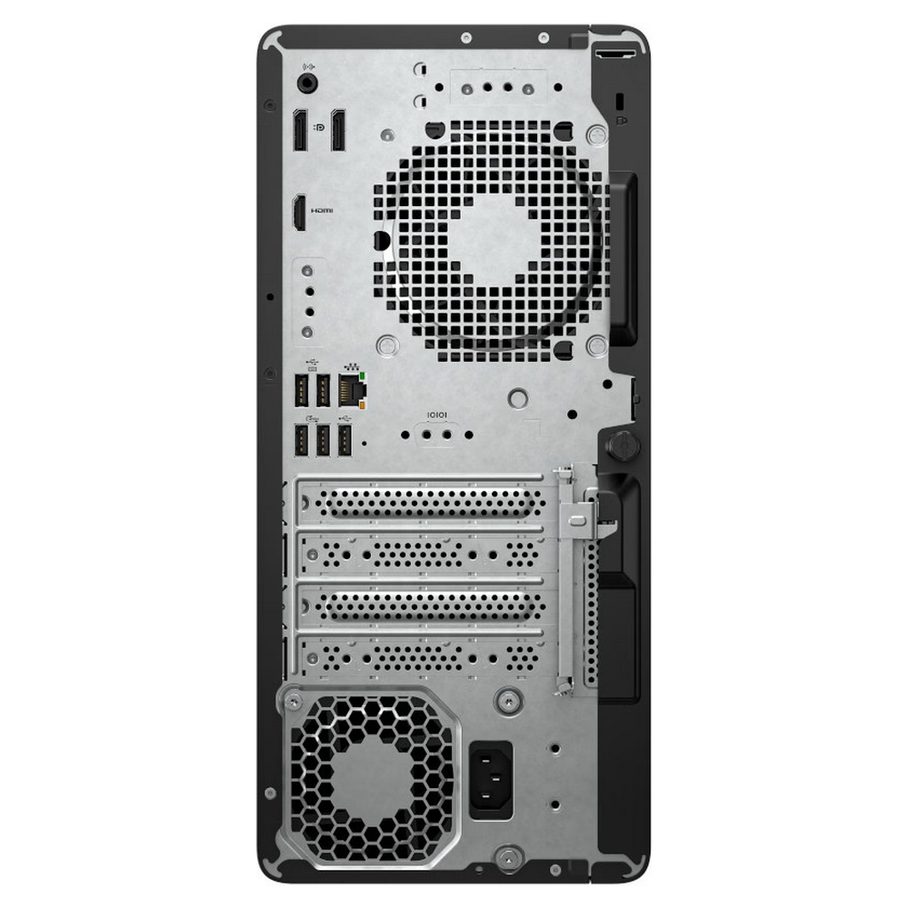 Achteraanzicht van een computerbehuizing. Kenmerken zijn poorten, ventilatieopeningen, ventilator en diverse connectoren.