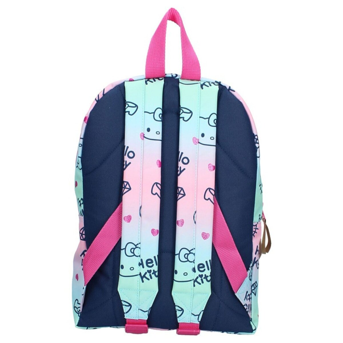 A Hello Kitty backpack with a pink handle and straps. The background is navy blue, and the straps have a colorful pattern.
