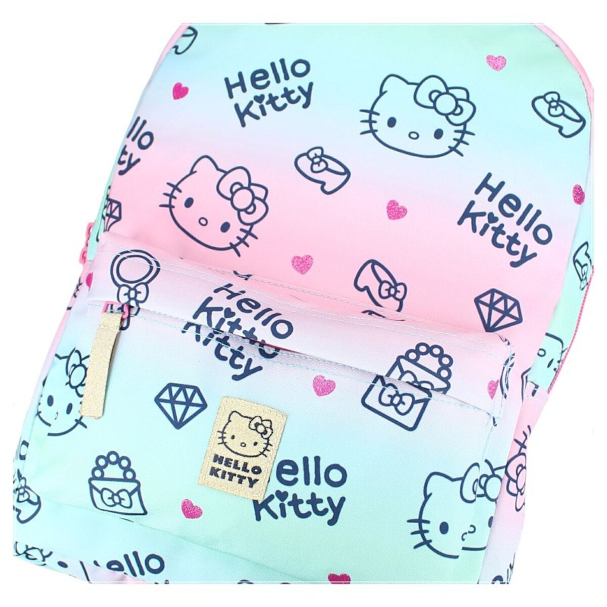 Hello Kitty backpack with a pink, blue and green gradient. It has Hello Kitty and accessory drawings.