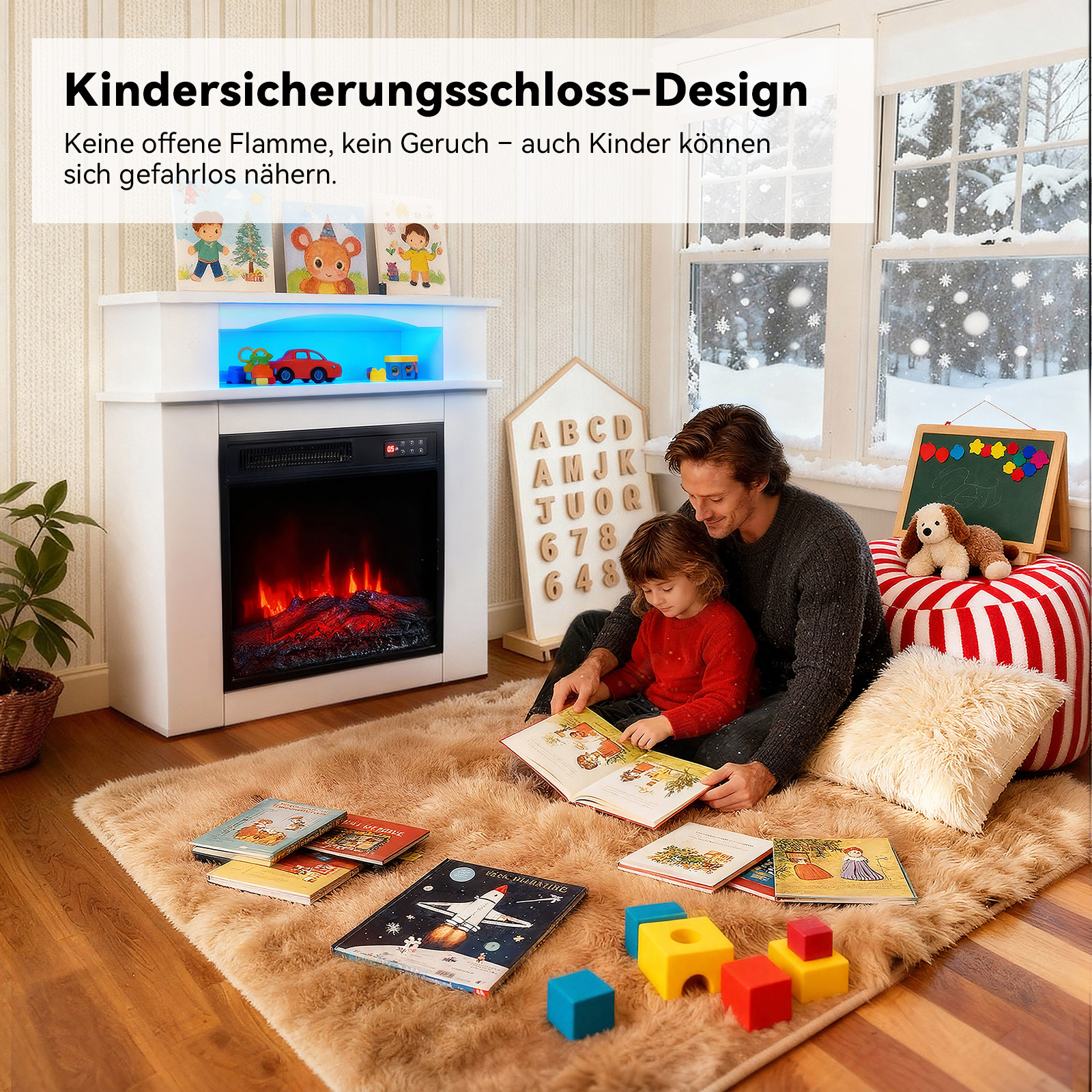 Ein Mann und ein Kind lesen Bücher am Kamin. Bücher und Spielzeug liegen auf dem Teppich. Schnee fällt aus dem Fenster.