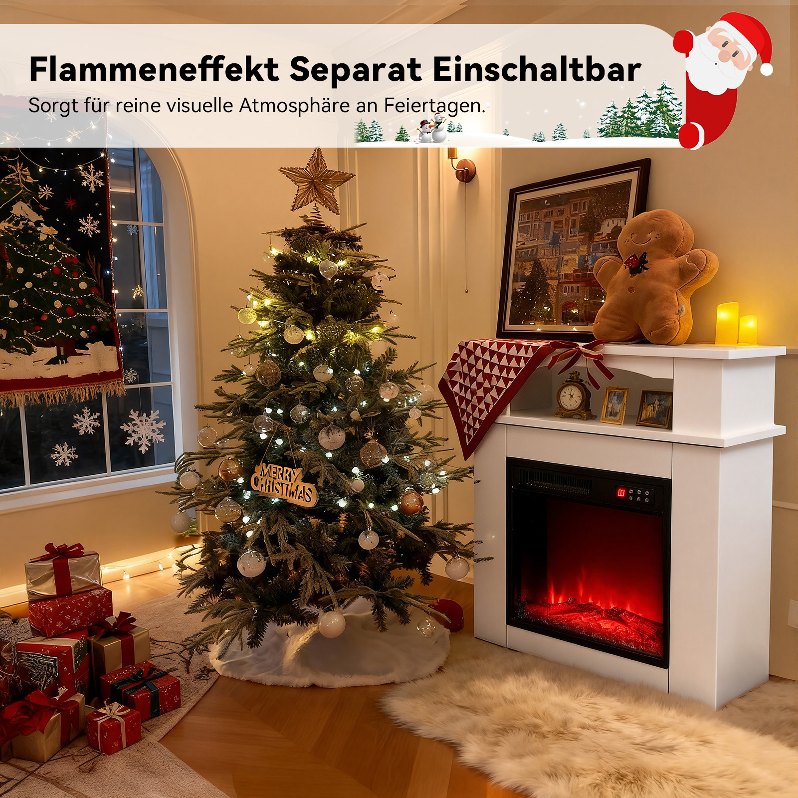Festliche Weihnachtsszene mit geschmücktem Baum, Kamin, Geschenken und Dekorationen. Warme Beleuchtung sorgt für Gemütlichkeit.