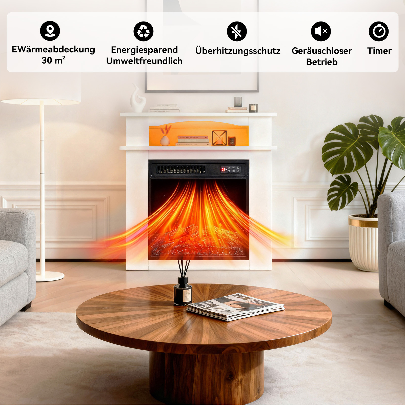 Elektrischer Kamin in einem Wohnzimmer mit einem Holztisch davor. Pflanze an der Seite.