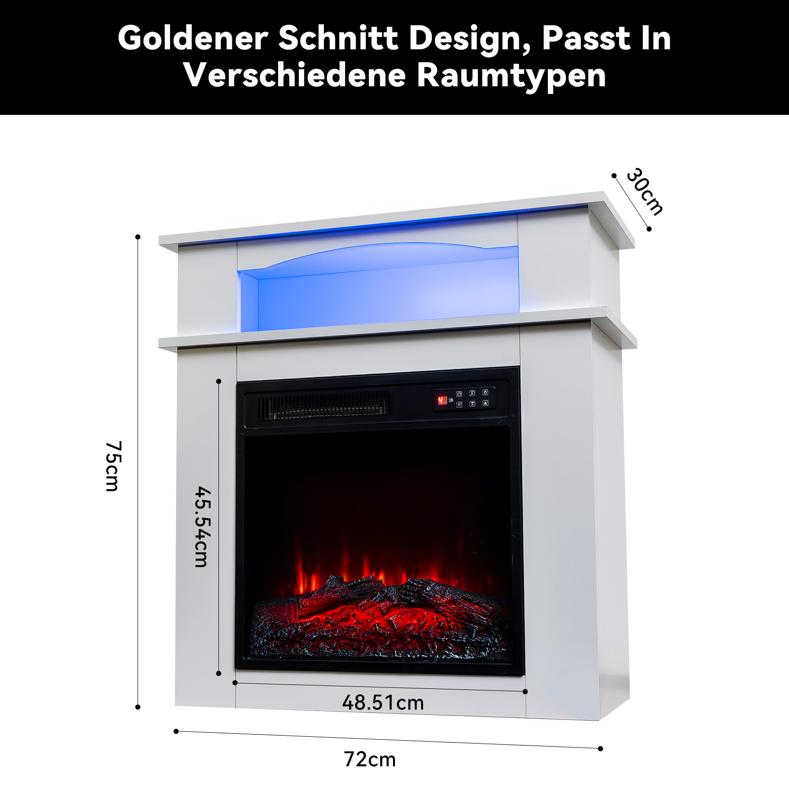 Ein weißer Elektro-Kamin mit blauem Licht über der Feuerbox. Abmessungen sind auf dem Bild angegeben.