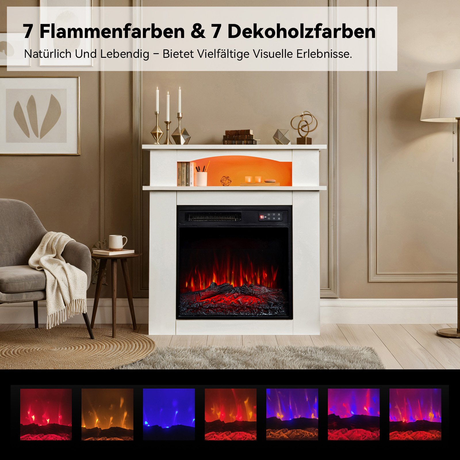 Weißer Kamin mit roten Flammen, Kerzen und Dekoration. Enthält Farboptionen unten. Raumeinstellung.