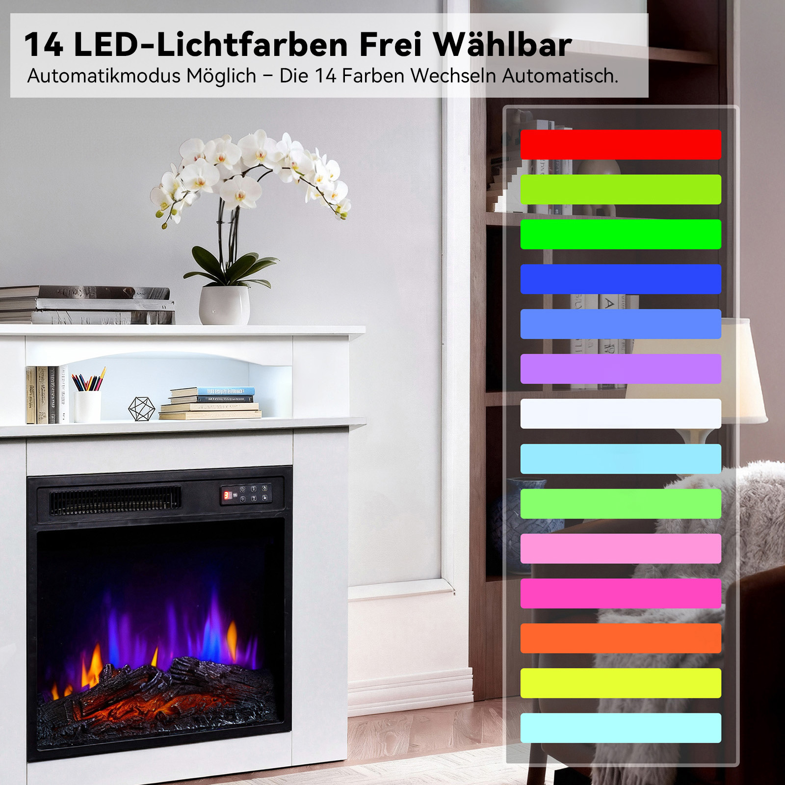 Ein weißer Kamin mit Orchidee und farbwechselnder LED-Anzeige, die verschiedene Farbtöne zeigt.