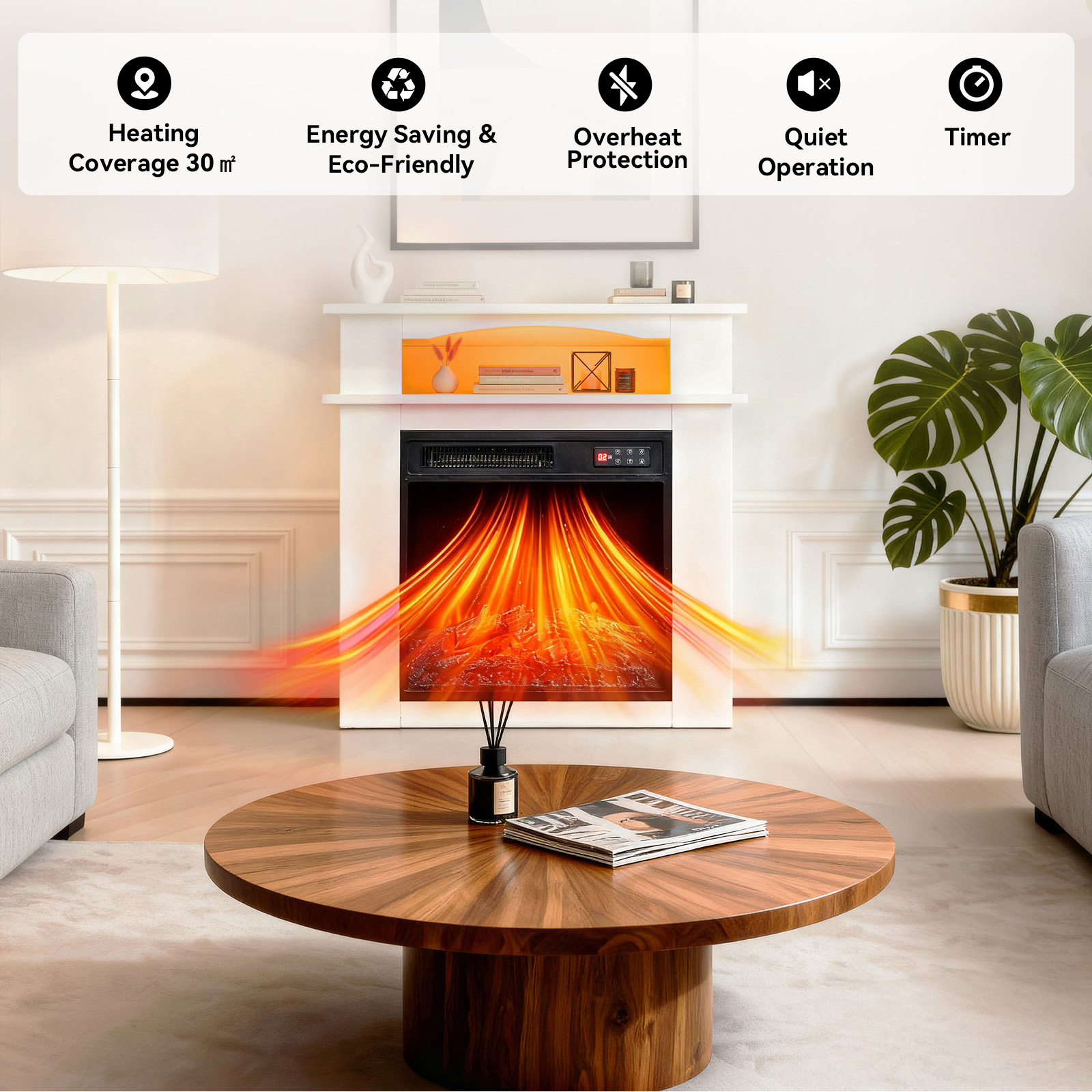 Una chimenea blanca con llamas naranjas. Una mesa redonda de madera tiene una revista y un difusor de aroma.