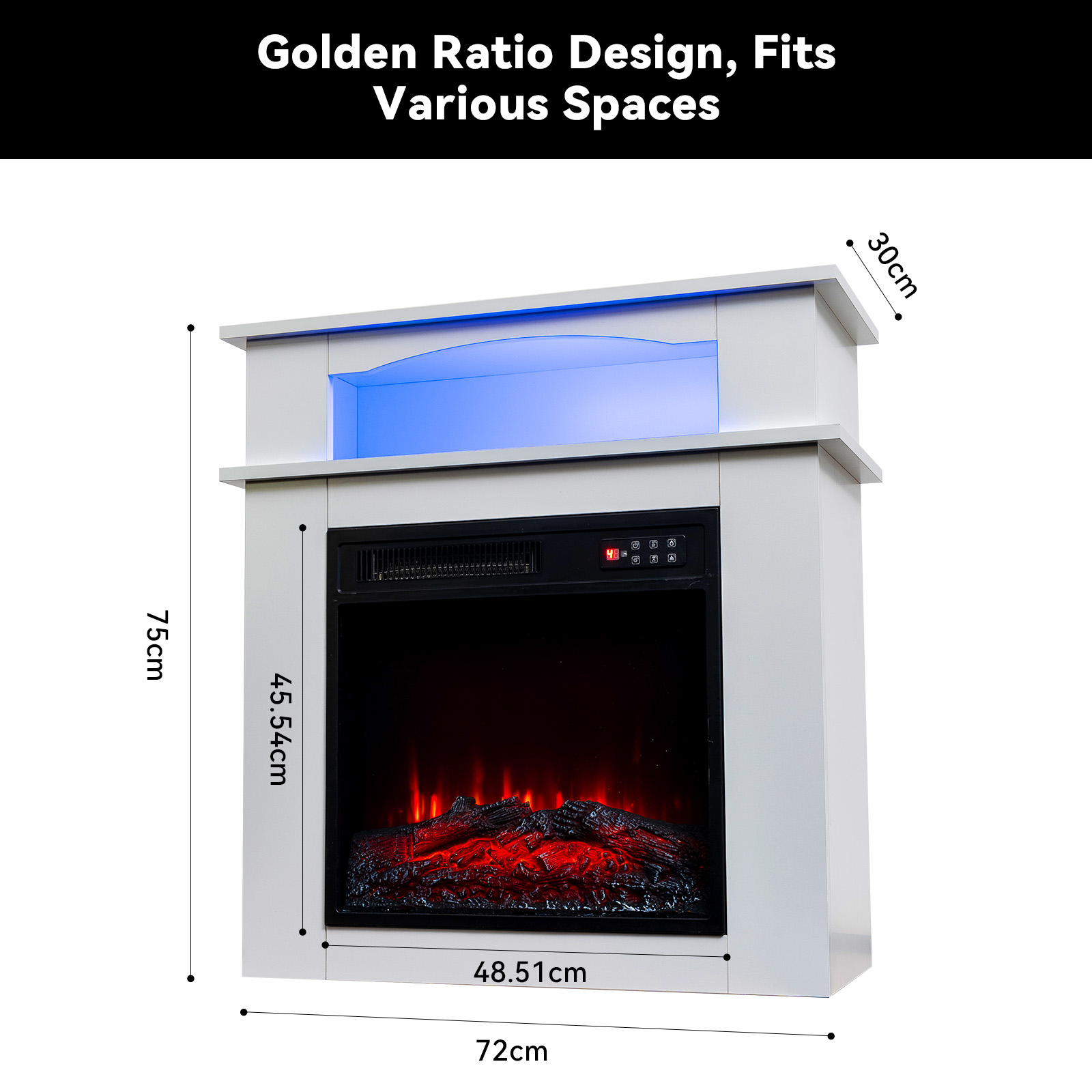 Chimenea eléctrica blanca con luz azul y efecto de llama. Dimensiones visibles. El texto superior dice: Golden Ratio Design, Fits Various Spaces