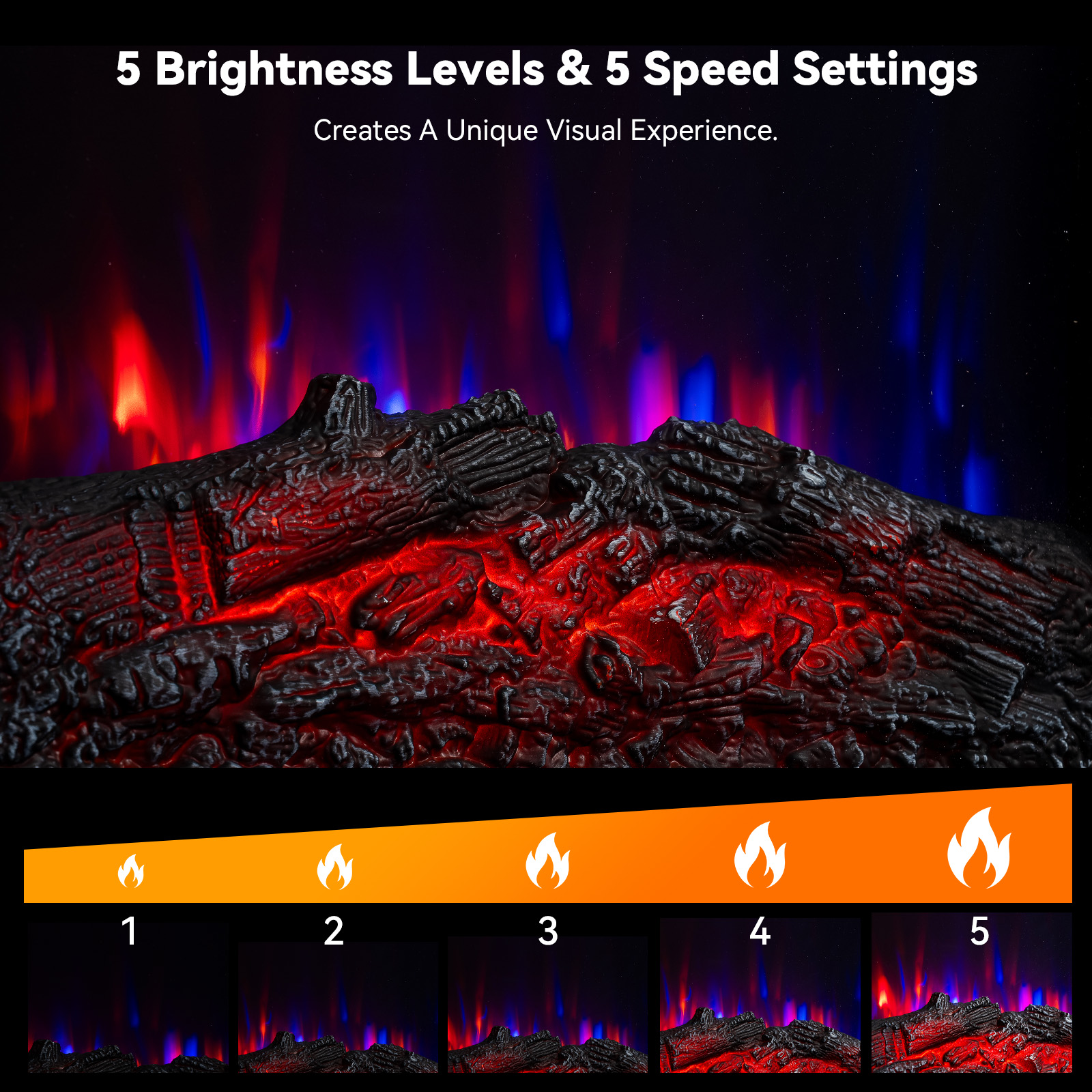 Un affichage de foyer avec des bûches noires, des flammes rouges et bleues, et cinq options de niveau de luminosité indiquées par des flammes.