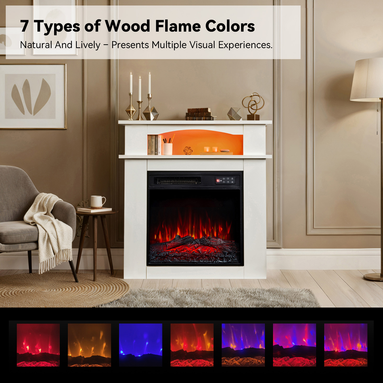Chimenea con siete colores de llama. Incluye repisa blanca con velas y elementos decorativos. Una silla a la izquierda.