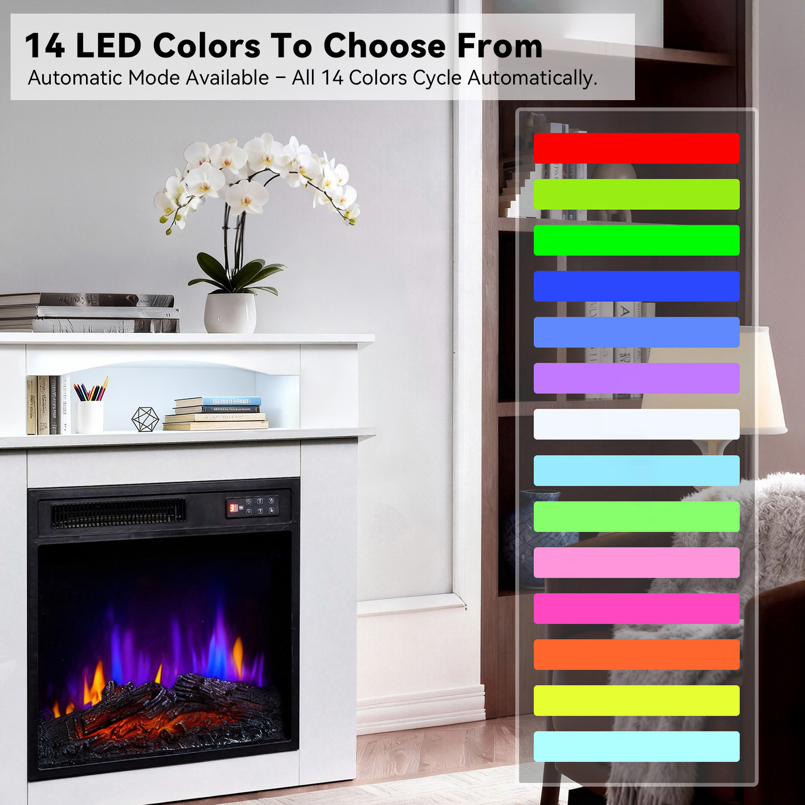 Una chimenea eléctrica blanca con 14 opciones de color LED. Tiene un estante con una orquídea blanca y libros. Se muestran los colores LED.