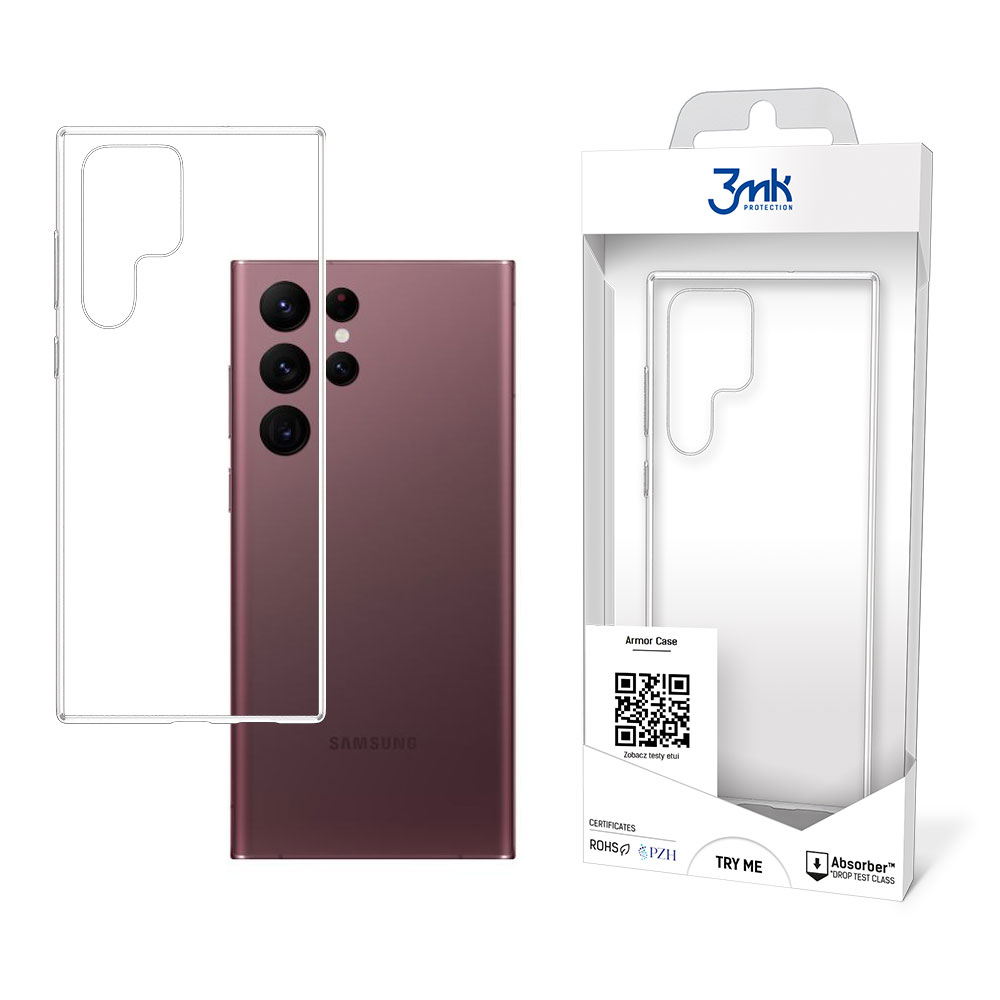 Wyświetlany jest telefon Samsung, przezroczyste etui i opakowanie. Telefon jest fioletowy. Etui jest przezroczyste. Pudełko jest białe z logo 3mk.