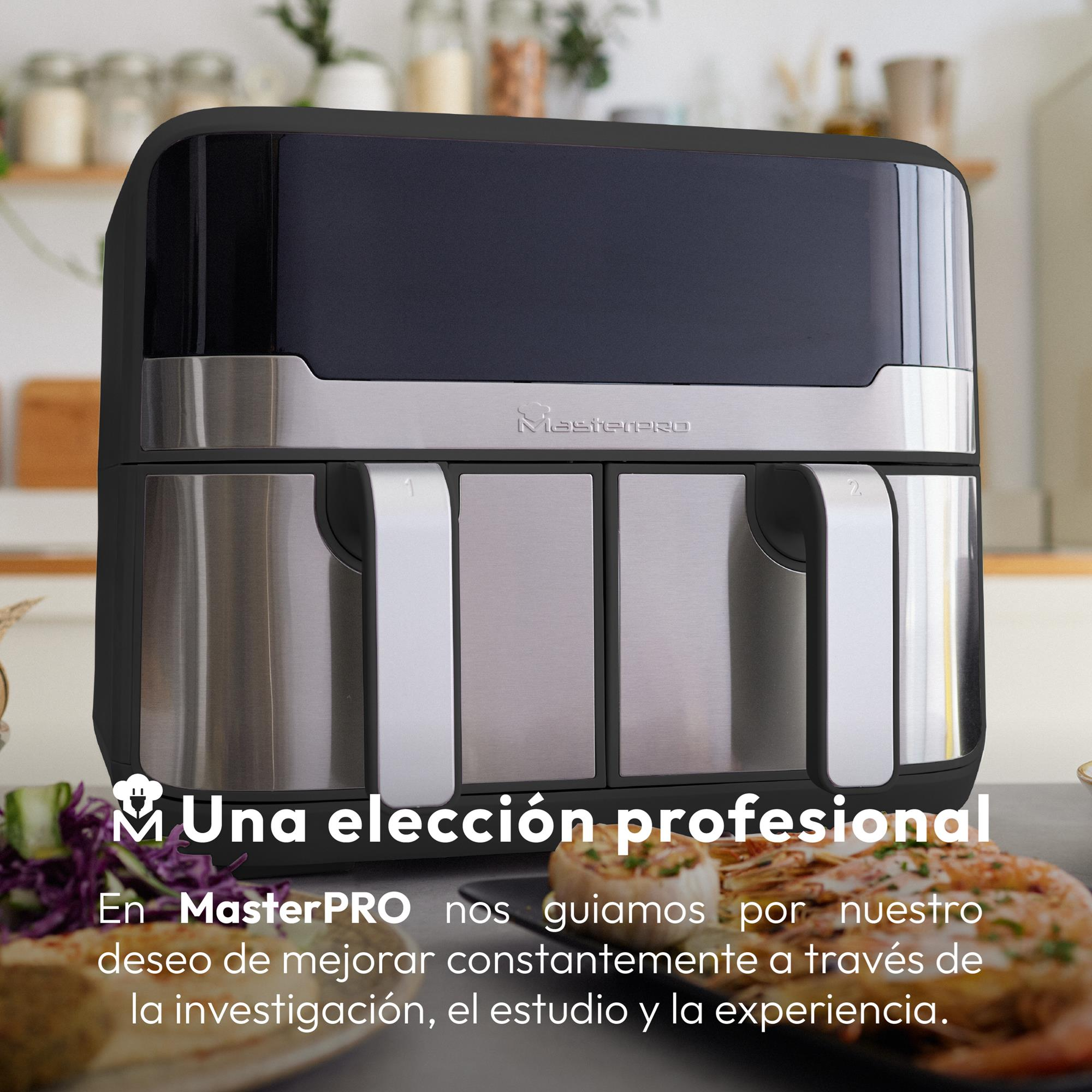 Una friggitrice ad aria Masterpro nera e argento. Il testo recita "Una elección profesional". Cibo e verdure in primo piano.