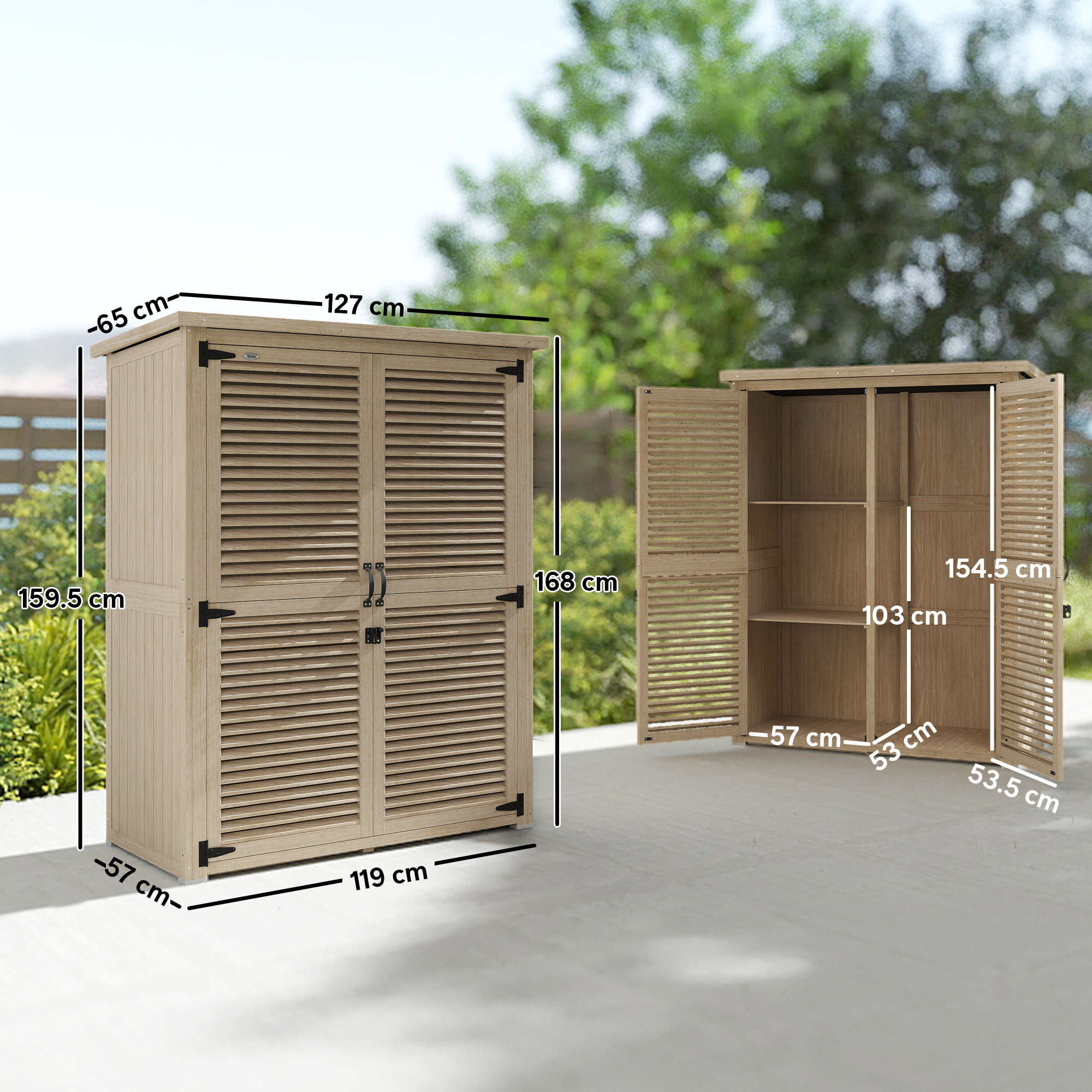 Armadio contenitore in legno per esterni con porta aperta. Colore marrone chiaro, dimensioni etichettate. Sfondo sfocato con alberi.